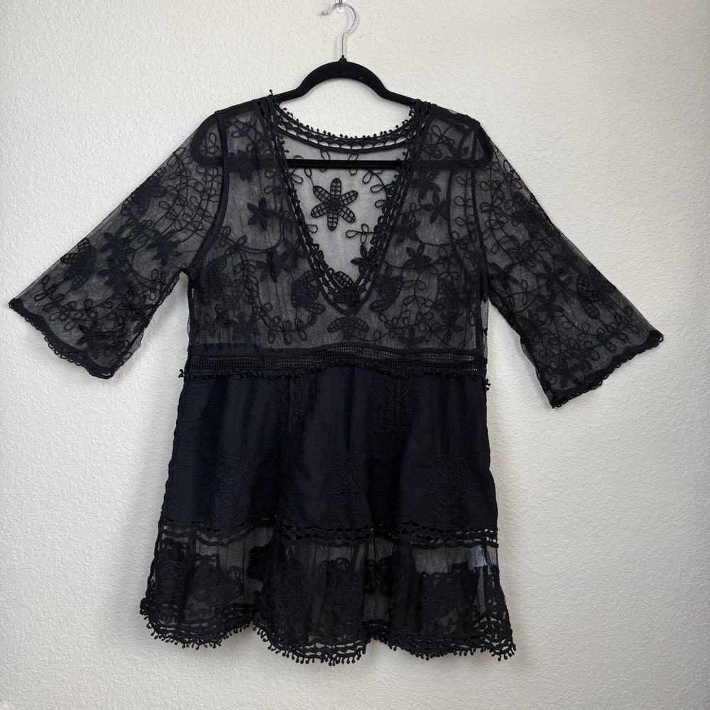 Gothic Black Sheer Lace Cover Up Dress Floral Embroidery Boho Bell Sleeve Sz S